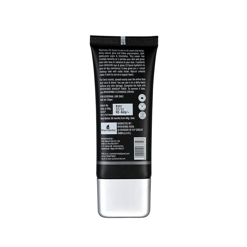 Riyo Herbs CC Cream Contains SPF With UVA/UVB Rays, Non-Sticky Formula, Conceals Imperfections for Even Tone Skin, All Skin Types, 35g