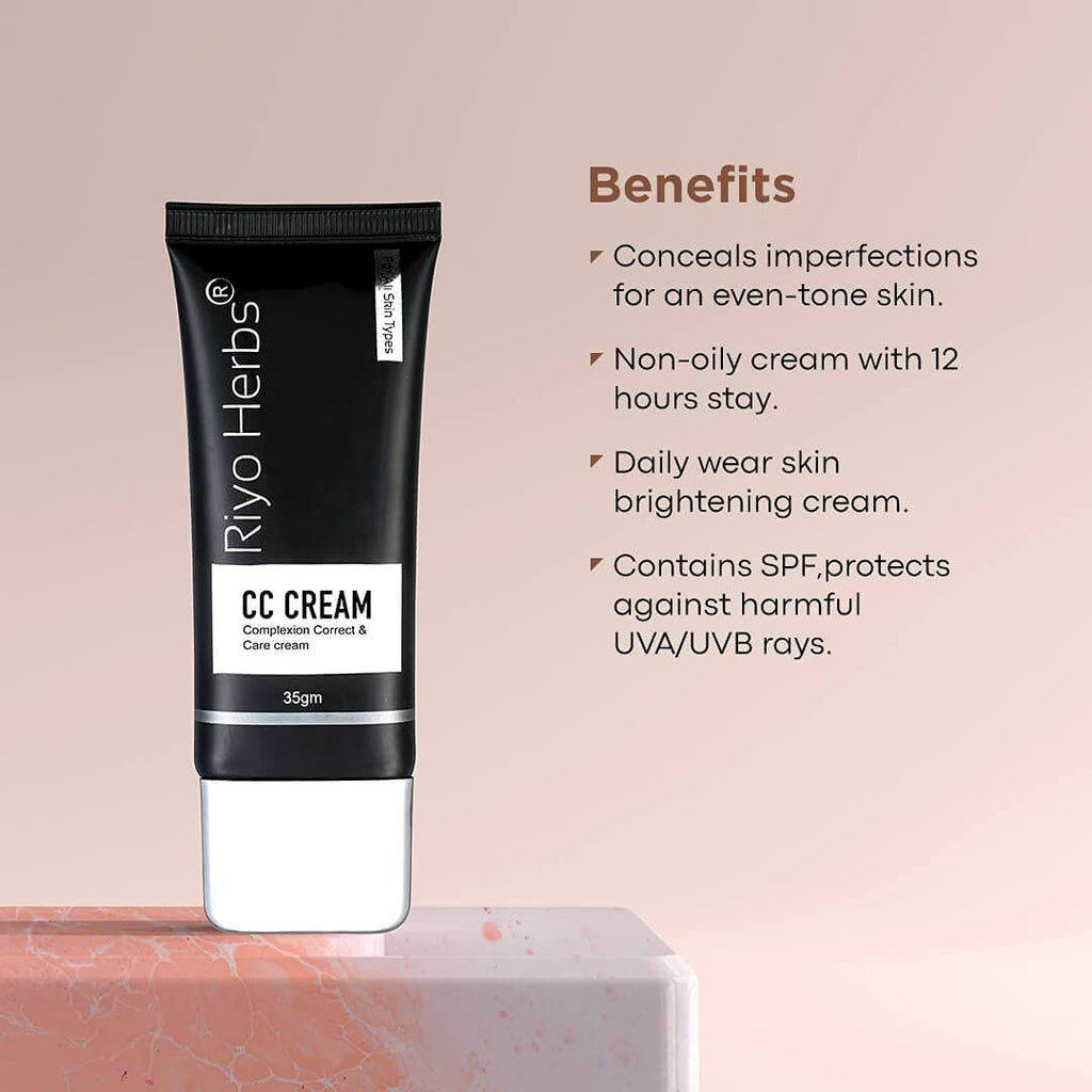 Riyo Herbs CC Cream Contains SPF With UVA/UVB Rays, Non-Sticky Formula, Conceals Imperfections for Even Tone Skin, All Skin Types, 35g