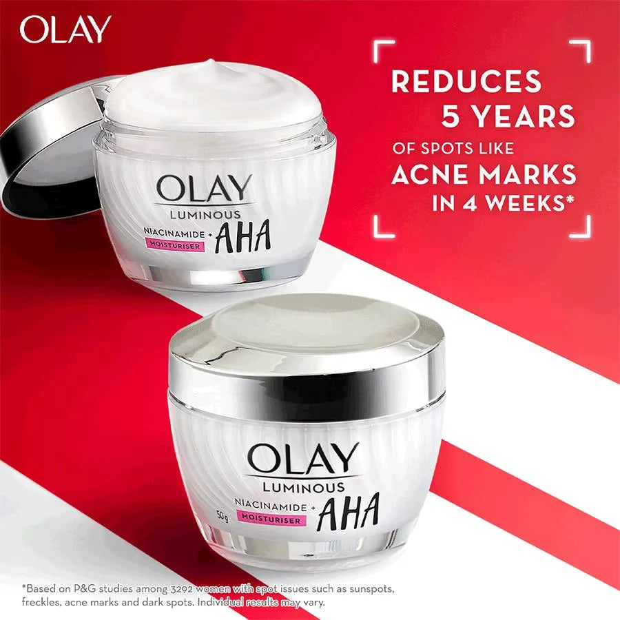 Olay Luminous Niacinamide + AHA Moisturiser - Acne mark, Spot Removal Cream, Dermatologist-tested Formula, 50 g