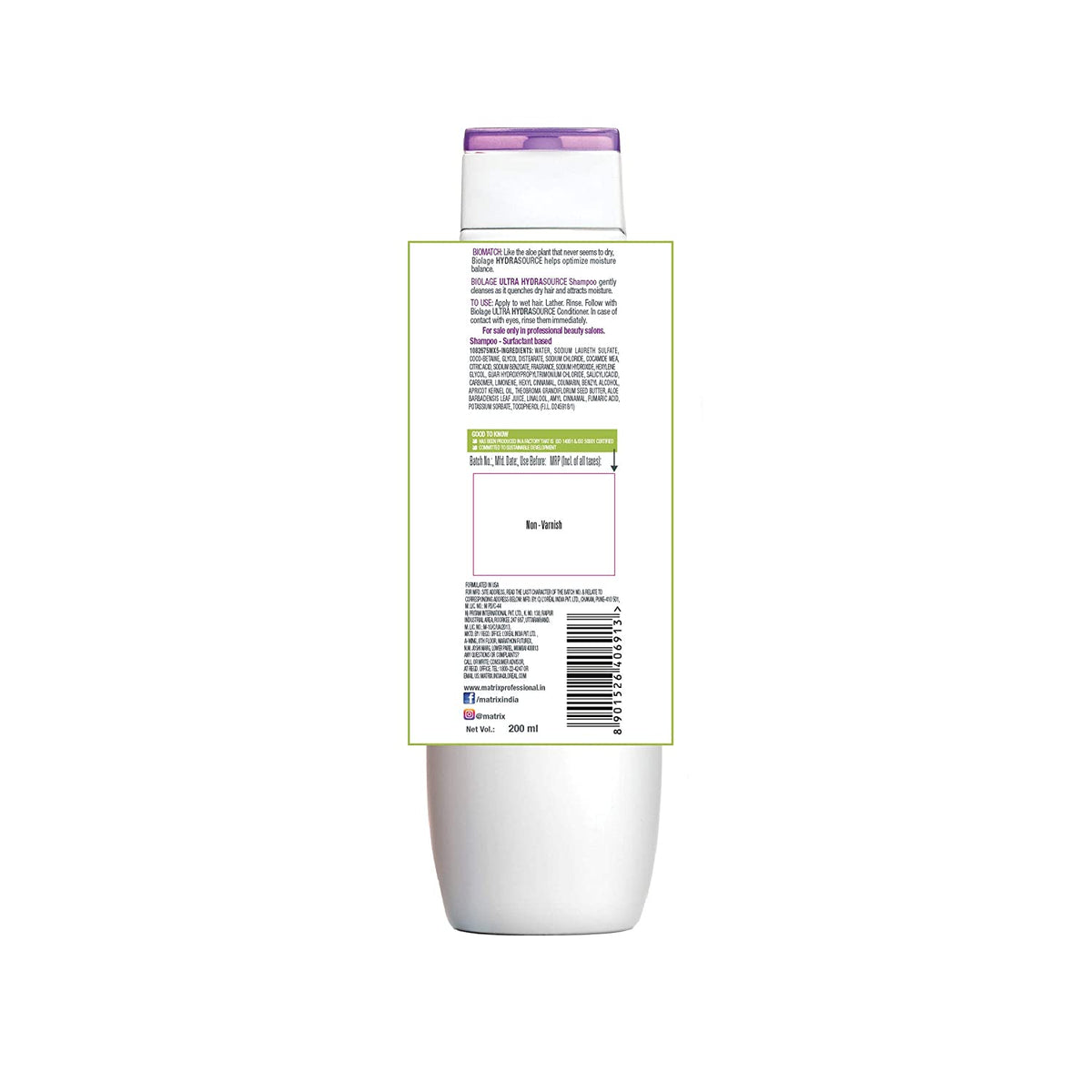 Matrix Biolage HydraSource Plus Shampoo for Dry Hair, Professional Shampoo, Paraben Free (200ml)