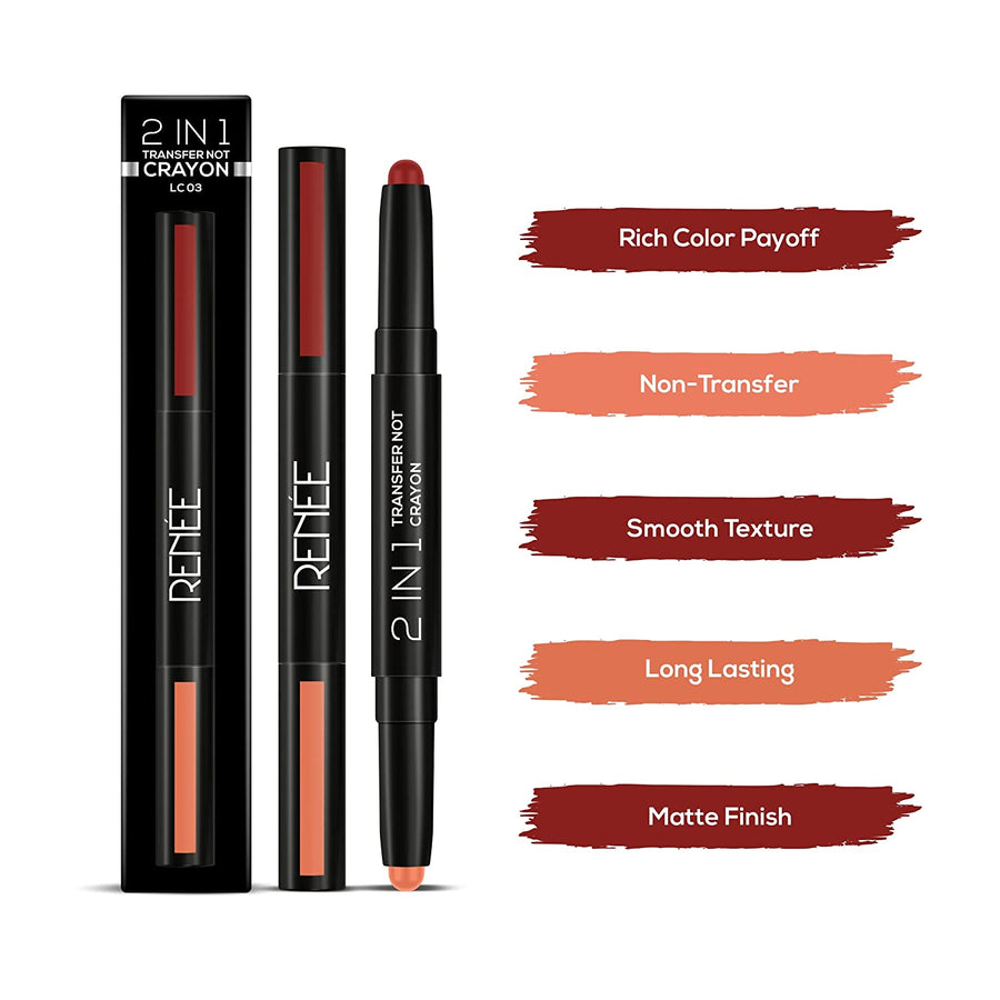 RENEE 2 in 1 Transfer Not Crayon, Long Lasting Smudgeproof Matte Lip Color with 2 Light & Dark Shades, Enriched with Shea Butter, LC 03 4gm