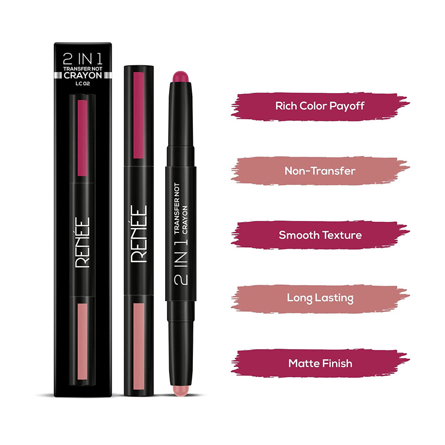 RENEE 2 in 1 Transfer Not Crayon, Long Lasting Smudgeproof Matte Lip Color with 2 Light & Dark Shades, Enriched with Shea Butter, LC 02 4gm