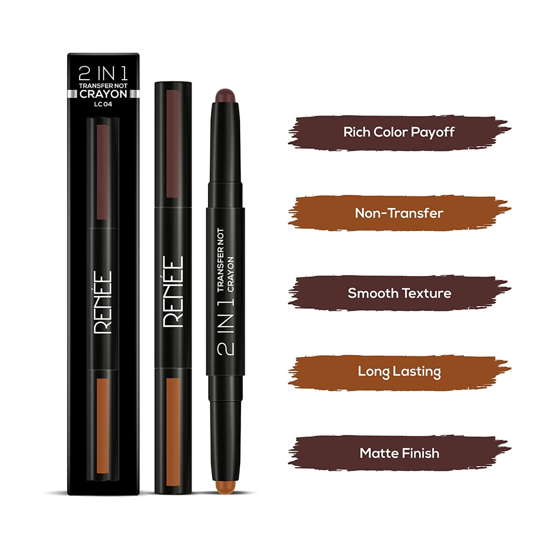RENEE 2 in 1 Transfer Not Crayon, Long Lasting Smudgeproof Matte Lip Color with 2 Light & Dark Shades, Enriched with Shea Butter, LC 04 4gm