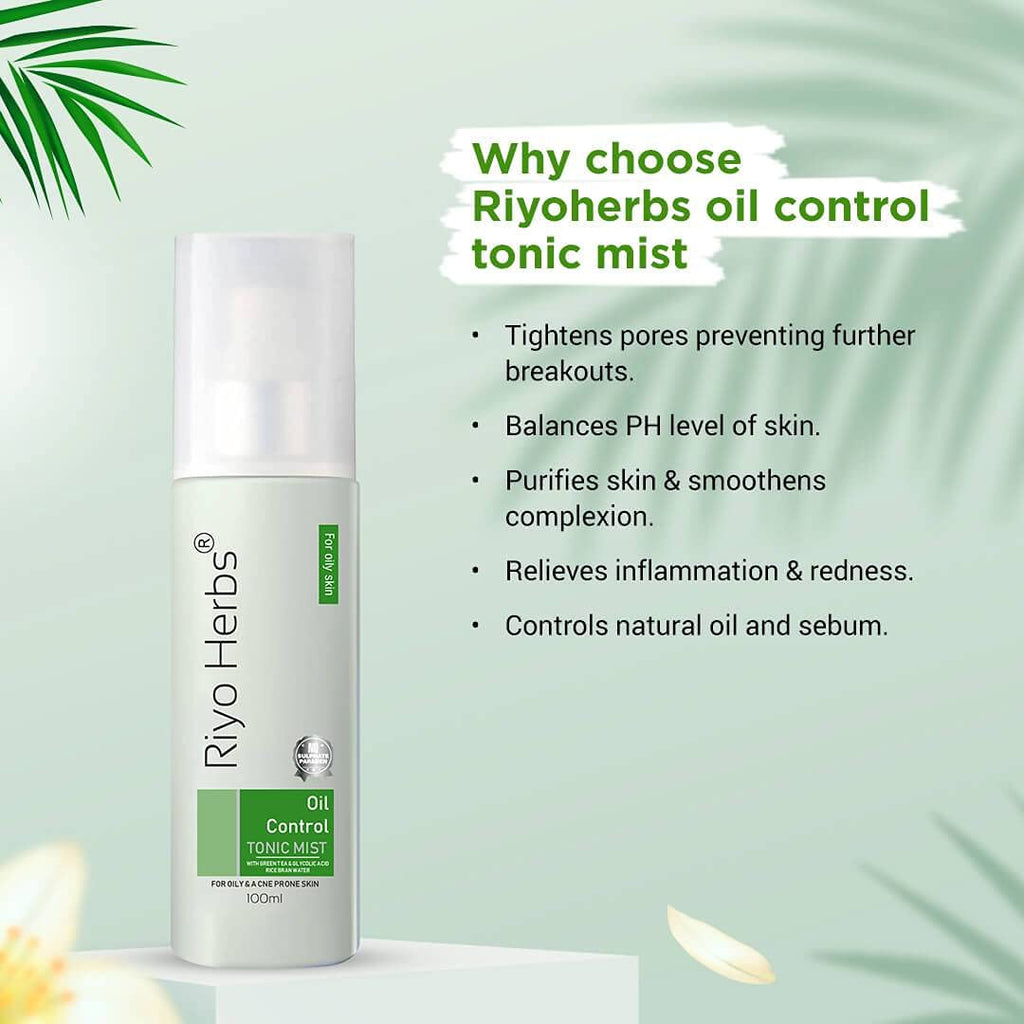 Riyo Herbs Oil Control Tonic Mist With Bran Water, Chamomile Flower, Rosemary &amp; Peppermint Oil Extract - For Oily and Acne Prone Skin, 100ml