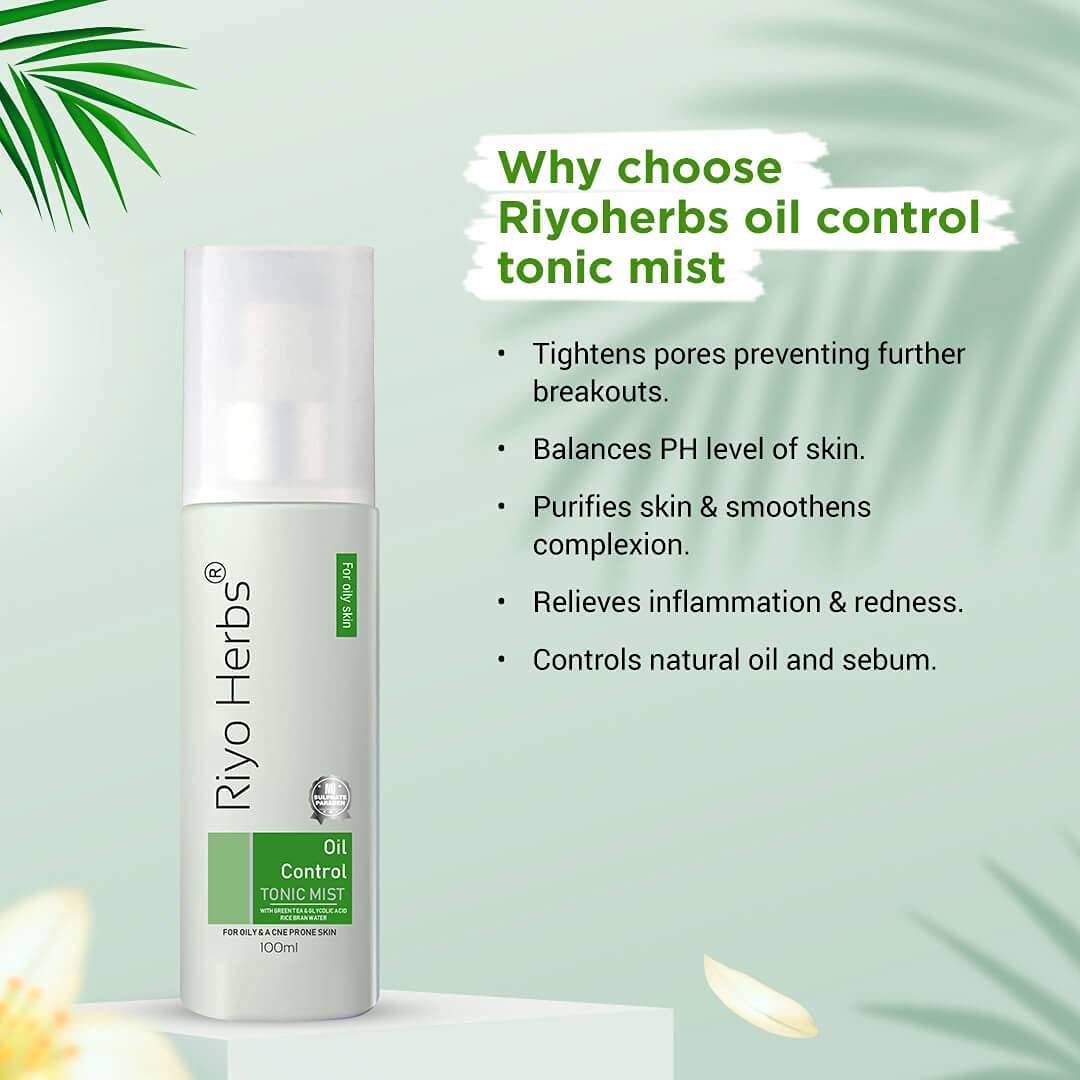 Riyo Herbs Oil Control Tonic Mist With Bran Water, Chamomile Flower, Rosemary &amp; Peppermint Oil Extract - For Oily and Acne Prone Skin, 100ml