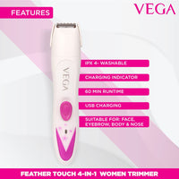 VEGA Feather Touch 4-In-1 Trimmer for Women, Suitable for trimming Eyebrows, Nose, Face &amp; Bikini Area (VHBT-03), White