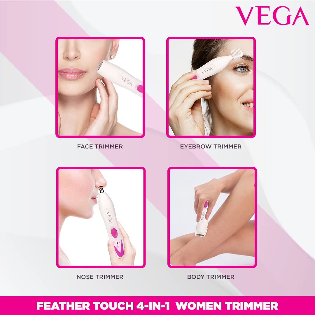 VEGA Feather Touch 4-In-1 Trimmer for Women, Suitable for trimming Eyebrows, Nose, Face &amp; Bikini Area (VHBT-03), White