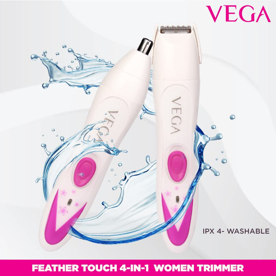 VEGA Feather Touch 4-In-1 Trimmer for Women, Suitable for trimming Eyebrows, Nose, Face &amp; Bikini Area (VHBT-03), White