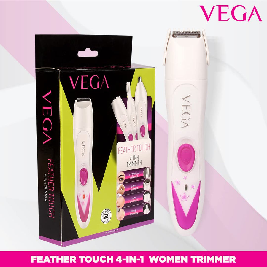 VEGA Feather Touch 4-In-1 Trimmer for Women, Suitable for trimming Eyebrows, Nose, Face &amp; Bikini Area (VHBT-03), White