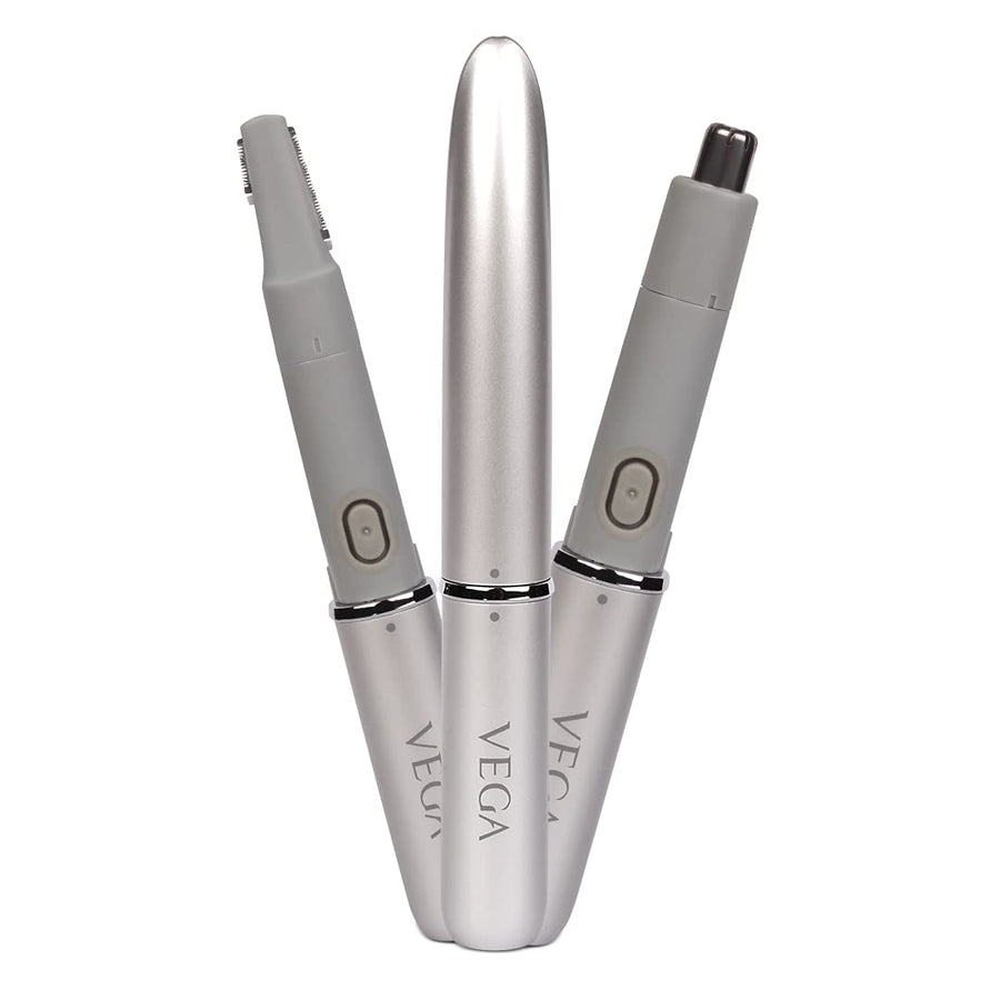 VEGA EZY 2-In-1 Unisex Face/Body &amp; Nose Trimmer, IPX 5 Water Resistant, (VHBT-02), Silver