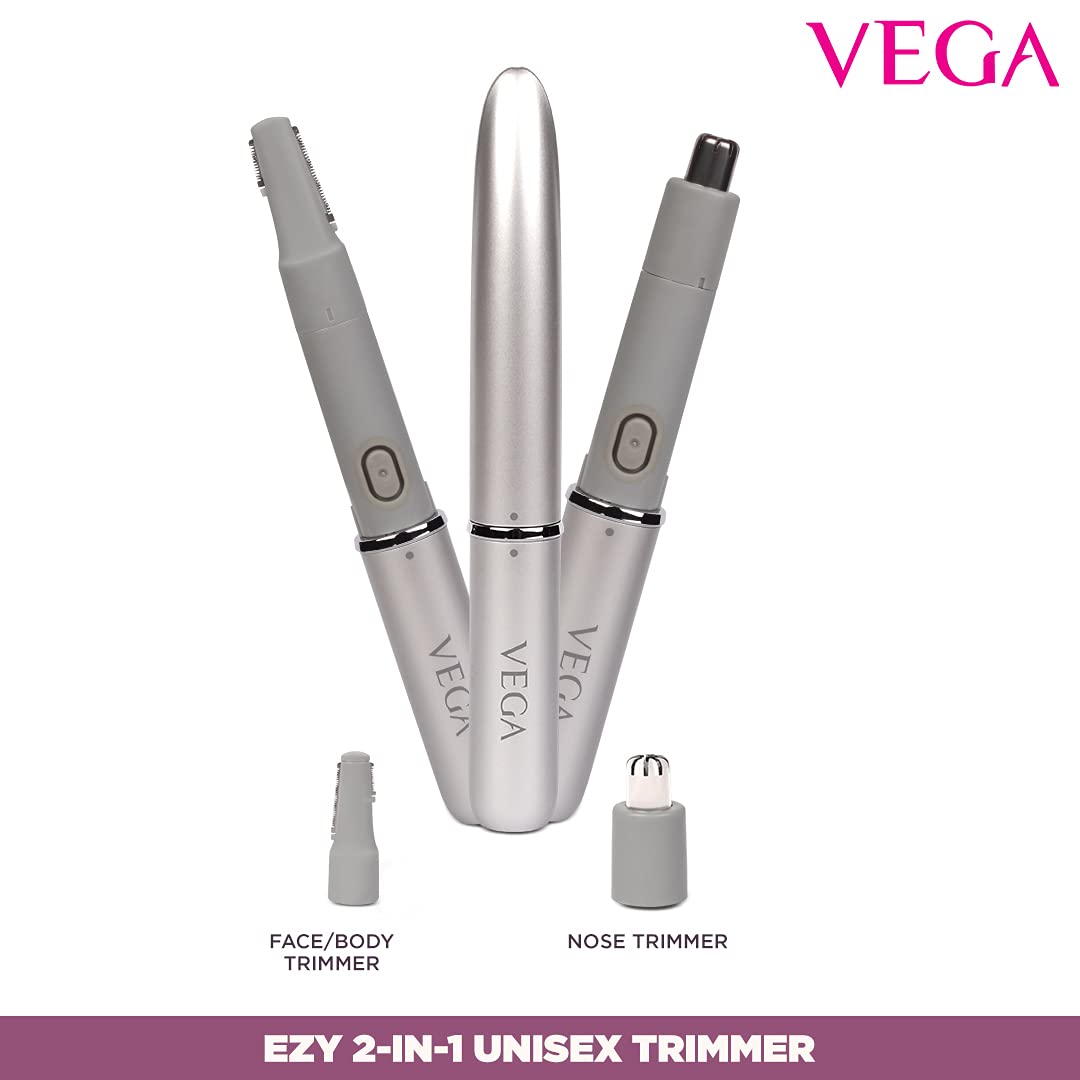 VEGA EZY 2-In-1 Unisex Face/Body &amp; Nose Trimmer, IPX 5 Water Resistant, (VHBT-02), Silver