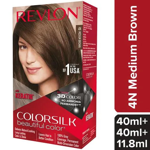 Revlon Colorsilk Hair Color - No Ammonia, With Keratin &amp; 3D Color Gel Technology, 155.61 g Medium Brown 4N