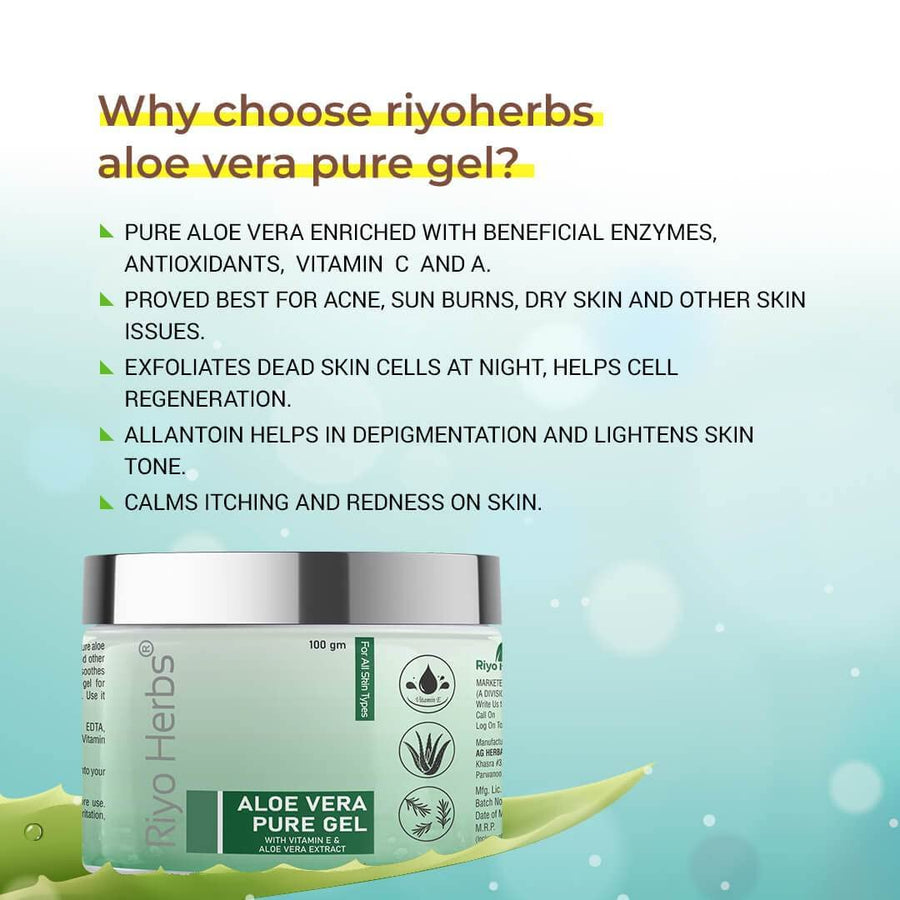 Riyo Herbs Aloe Vera Pure Gel With Vitamin E, Rosemary &amp; Pure Aloe Vera Extracts for Sunburn, Redness &amp; Dull Skin Treatment, Beneficial Properties...