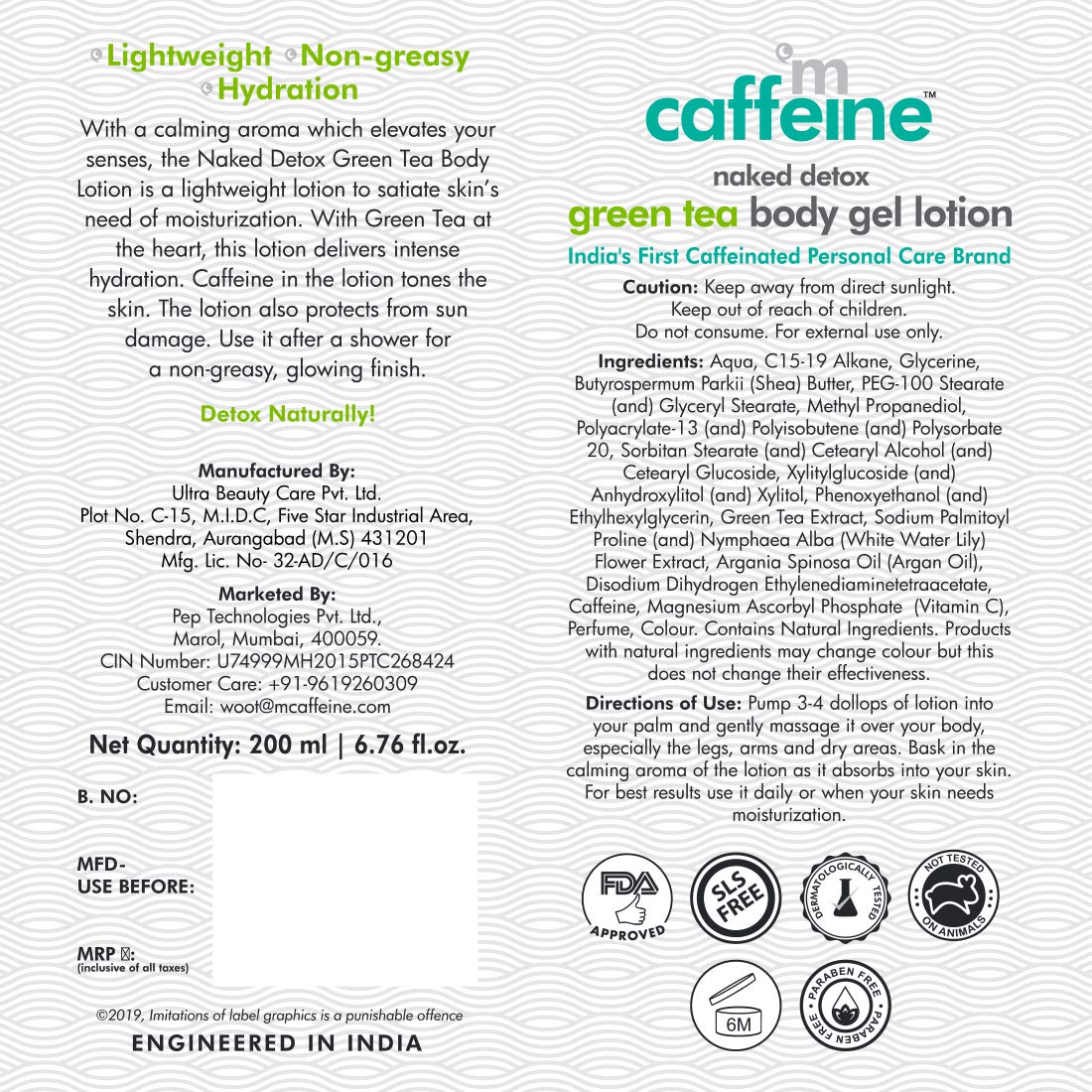 mCaffeine Green Tea Body Gel Lotion (200ml) for Oily Skin | Non Greasy Lotion for Skin Hydration and Moisturization | With Vitamin C and Shea Butter | Daily-Use