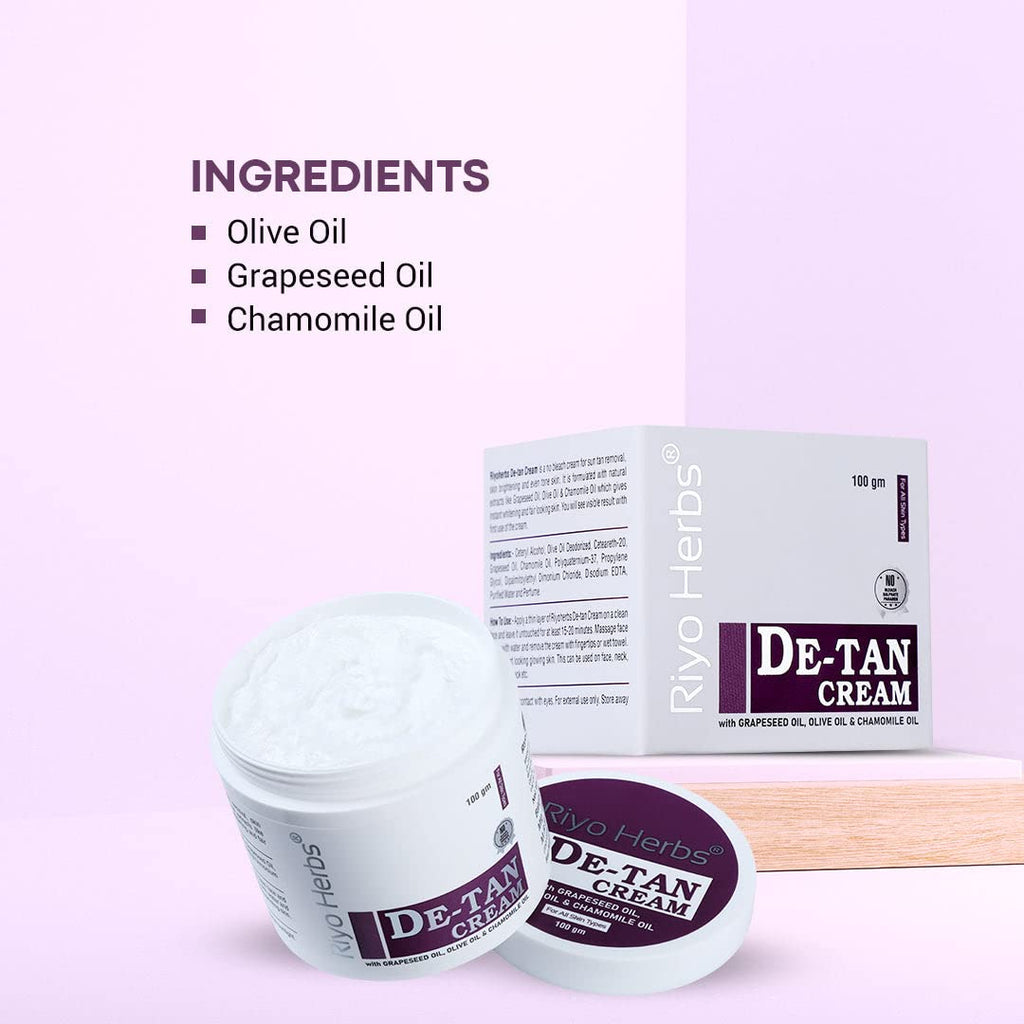 Riyo Herbs De-Tan Cream | Enriched with Natural Ingredients Grapeseed Oil &amp; Olive Oi | for Face, Neck, Hands &amp; Foot | Without Bleach Formulation | For Tan Removal &amp; Even Skin Brightening, 100gm