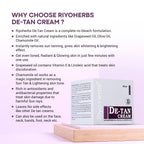 Riyo Herbs De-Tan Cream | Enriched with Natural Ingredients Grapeseed Oil &amp; Olive Oi | for Face, Neck, Hands &amp; Foot | Without Bleach Formulation | For Tan Removal &amp; Even Skin Brightening, 100gm