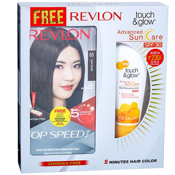 Revlon Top Speed Hair Color Dark Brown 65 (Free Touch &amp; Glow Spf 30 Sun Care Lotion 50 ml) (40 g + 40 g + 15 ml)