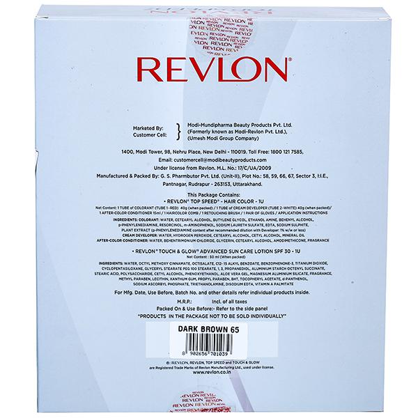 Revlon Top Speed Hair Color Dark Brown 65 (Free Touch &amp; Glow Spf 30 Sun Care Lotion 50 ml) (40 g + 40 g + 15 ml)