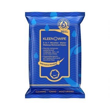 Kleeno Wipe 3-in-1 Micellar Water Makeup Removal Wipes 20 Wipes