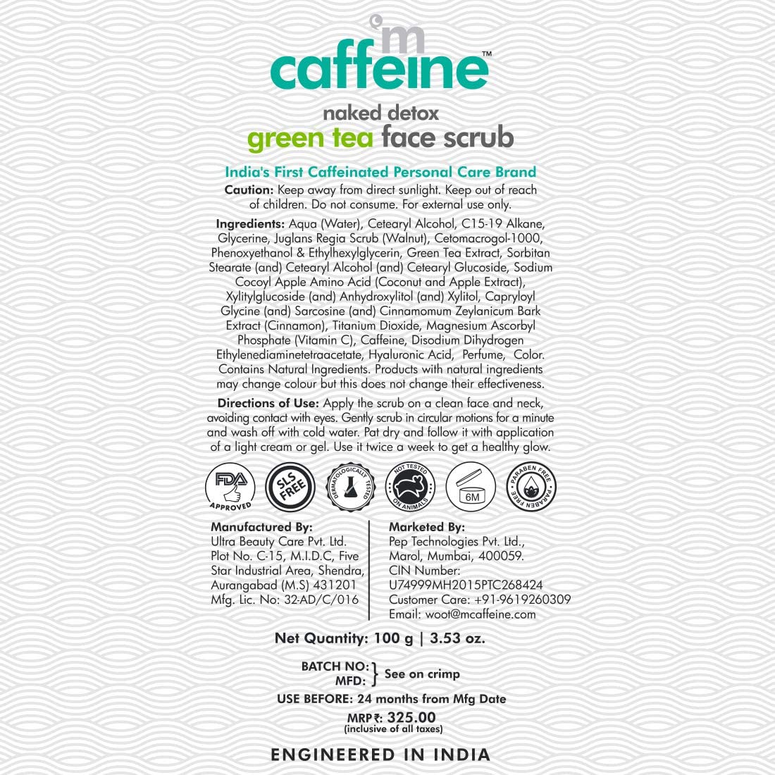 mCaffeine Green Tea Face Scrub with Vitamin C &amp; Walnut for Women &amp; Men | Removes Dirt, Blackheads &amp; Gently Exfoliates Skin | For Oily, Normal,...