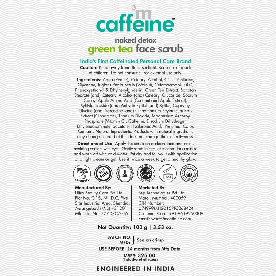 mCaffeine Green Tea Face Scrub with Vitamin C &amp; Walnut for Women &amp; Men | Removes Dirt, Blackheads &amp; Gently Exfoliates Skin | For Oily, Normal,...