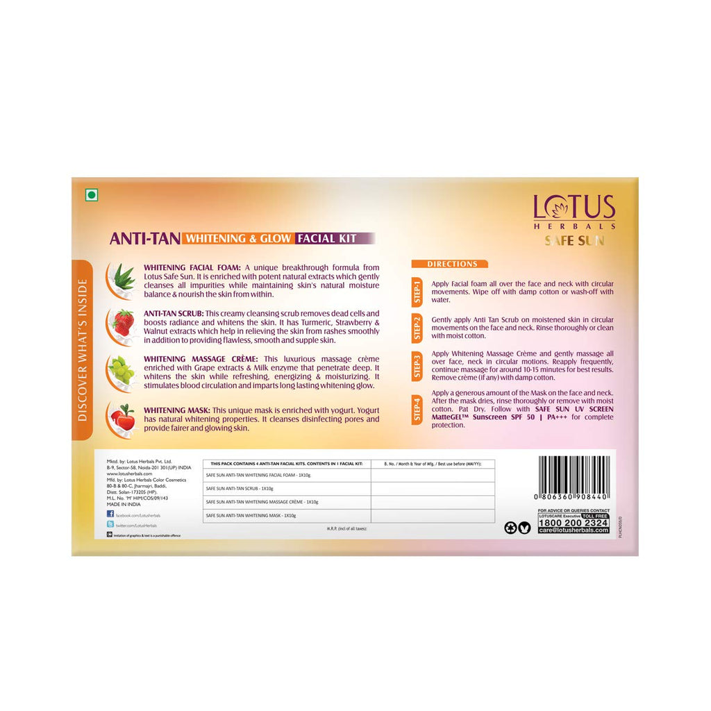 Lotus Safe Sun Anti Tan Whitening and Glow 4 in 1 Facial Kit