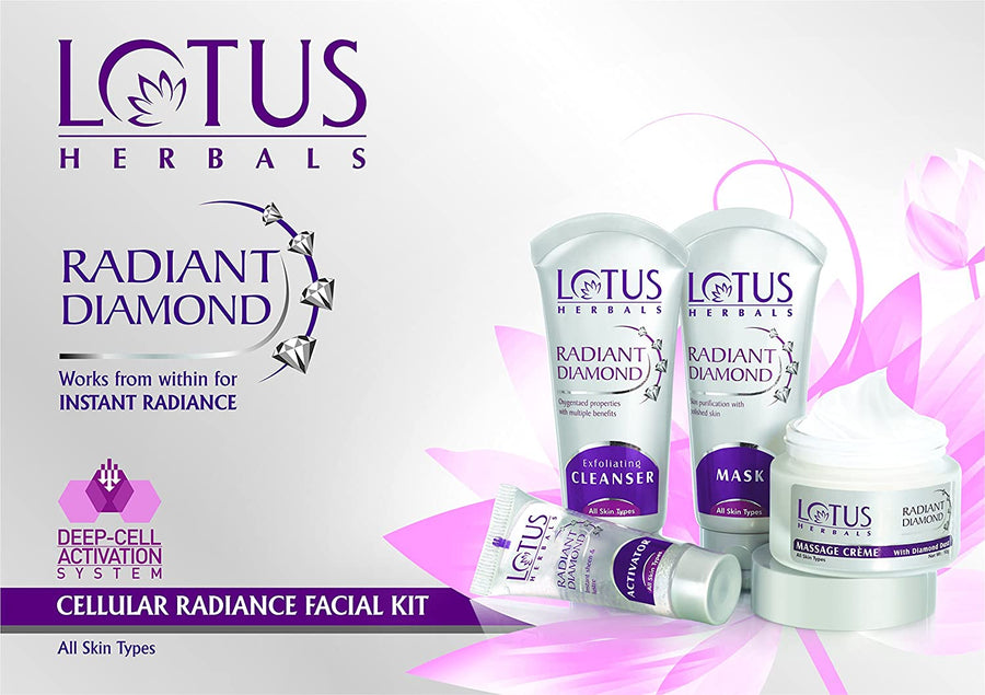 Lotus Radiant Diamond Facial Kit for instant radiance with Diamond dust &amp; Cinnamon, 4 easy steps, 170g (Multiple use)