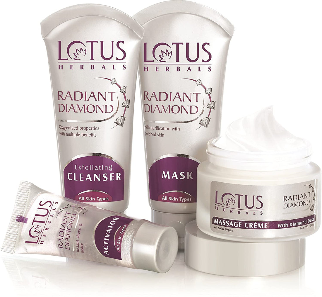 Lotus Radiant Diamond Facial Kit for instant radiance with Diamond dust &amp; Cinnamon, 4 easy steps, 170g (Multiple use)