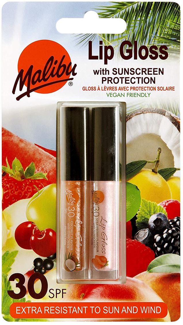 Malibu Vegan SPF 30 Lip Gloss Coconut &amp; Strawberry Flavour Combo 1.5mlx2